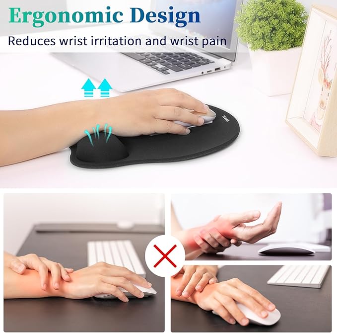 Mouse Pad with Wrist Support, Ergonomic Mouse Mat with Non-Slip PU Base, Pain Relief Memory Foam Mousepad for Office & Home, Black