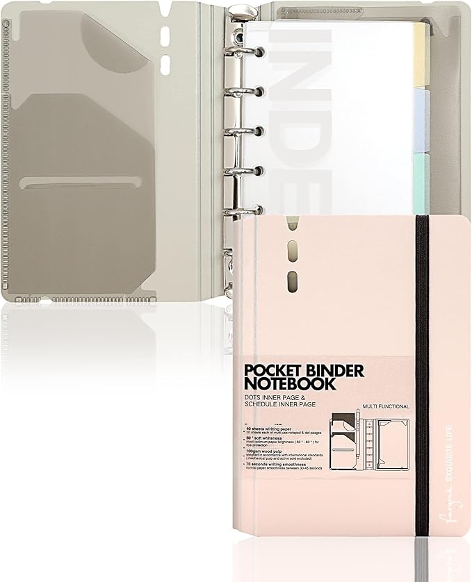 CAGIE A7 Binder 6 Ring Notebook with Dividers Refillable Planner Binder with Pockets, Refill Paper Include Planning Square Ruled and Dotted Pages, 4.13 x 5.71 In, (Light Pink, A7 Hourly&Dot Page)