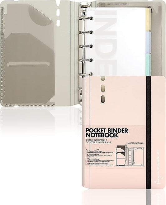 CAGIE A7 Binder 6 Ring Notebook with Dividers Refillable Planner Binder with Pockets, Refill Paper Include Planning Square Ruled and Dotted Pages, 4.13 x 5.71 In, (Light Pink, A7 Hourly&Dot Page)