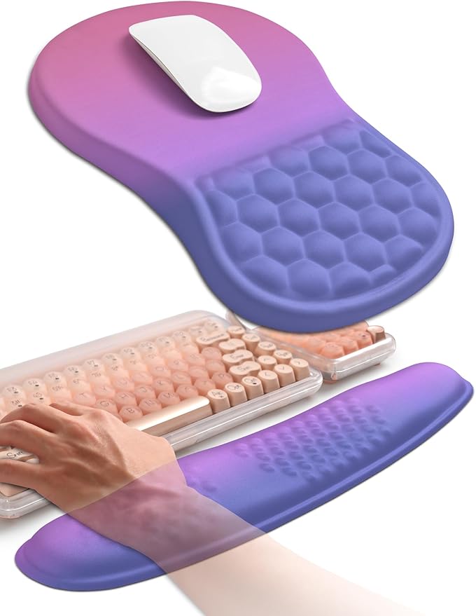 Hokafenle 2in1 Combination, Wave Keyboard Wrist Rest and Ergonomic Curvature Mouse Pad Wrist Support for Relieve Wrist Pain, Filled with Soft Cushion Memory Foam, Gradient Blue Purple