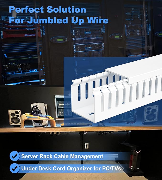 ZhiYo 66in(4X L16.5in) Professional Server Rack Cable Management Raceway, H2in x W2in Cable Raceway Kit, Electrically Safe PVC Open Slot Wire Raceway for Under Desk/Computer/Network Cords, White
