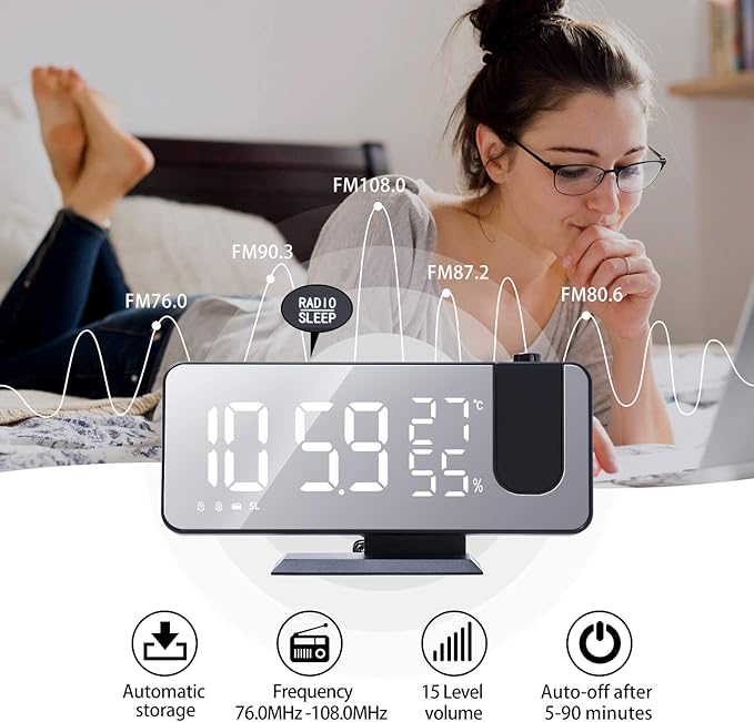 Projection Alarm Clock for Bedroom Ceiling Digital Radio with USB Charger Ports, 7.3" Large LED Screen, 4 Dimmer, Dual Alarm Clock with 2 Sounds, Snooze, Black