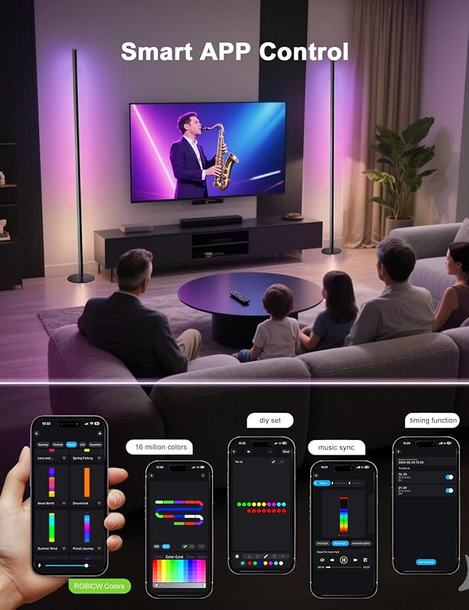 Corner Floor Lamp Work with Alexa, Smart LED Corner Lamp 55", APP & Remote Control with Music Sync, 16 Million Colors & Timer, Color Changing Ambient Lighting for Living Room Bedroom Game Room