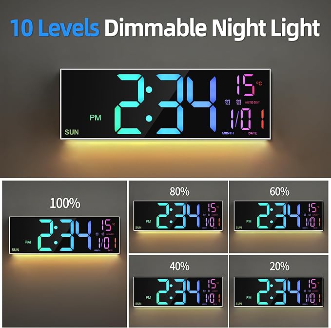 LEIKE 16.2'' Large Digital Wall Clock with Remote Control, Big LED/Dual Alarm/8 RGB Colors/Auto Brightness/Date/Auto DST/Temperature/Night Light Gym Clocks for Living Room Bedroom Office Wall Decor