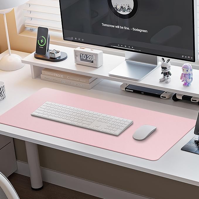 Boutilon Leather Desk Pad Protector,Non-Slip Mouse Pad,Laptop Desk Pad,Office Mouse Mat,Waterproof Leather Desk Blotter,Desk Writing Pad for Office and Home (M-Light Pink,30"x14")