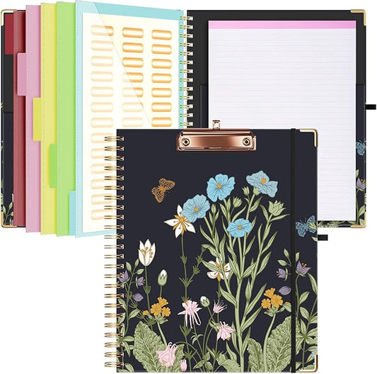 Ospelelf Clipboard with Storage 8.5 X 11，Padfolio Organizer, Spiral Portfolio Letter Size with Notepad, Pen Holder, 5 Extra Folder Divider Pages, Elastic Closure Nurse Essentials (Night Flowers)