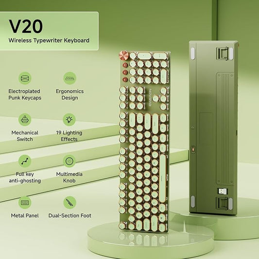 EWEADN V20 Typewriter Keyboard Wireless, 104 Keys Typewriter Style Mechanical with White Backlit, Media Knob, Pink Switch 2.4G/Bluetooth/USB-C Wired Retro Full Size Keyboard for Windows/Mac/PC-Green