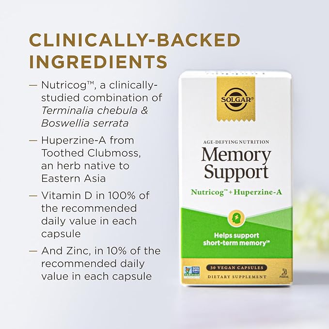 Solgar Memory Support Brain Dietary Supplement for Memory and Focus, Clinically Studied Nutricog, Vitamin D & Huperzine-A, Nootropic Brain Health Supplement, Healthy Aging Support, 30 Servings