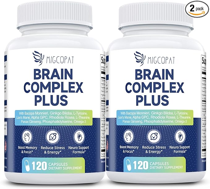 2-Pack Brain Supplements for Memory & Focus | Nootropic with Bacopa, Lion's Mane, Alpha GPC | Mental Clarity & Cognitive Support | Vitamin B6 & B12 – 240 Caps (120/Bottle)