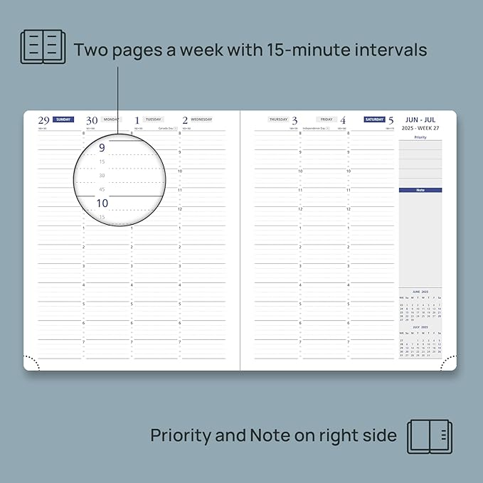 POPRUN Weekly Planner 2025-2026, 7.25'' x 8.5'', 15-Minute Hourly Appointment Book (July 2025-June 2026) with PU Leather Softcover, Monthly Tabs, Inner Pocket - Soft Pink