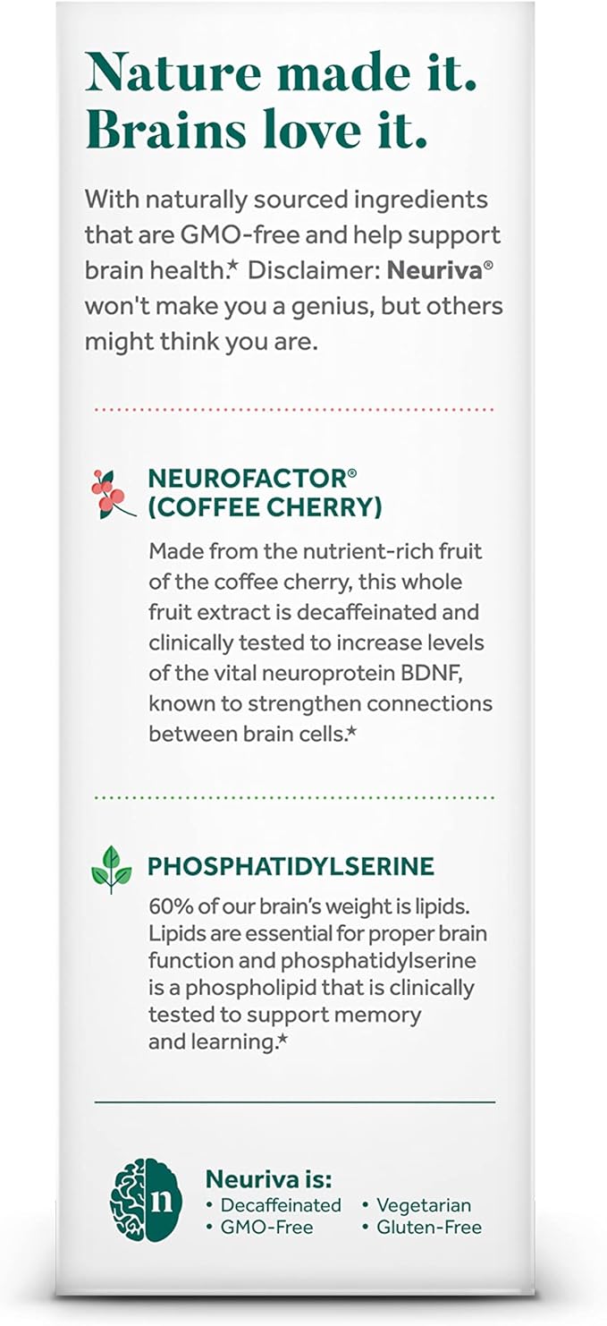 NEURIVA Original Decaffeinated Clinically Tested Nootropic Brain Supplement for Memory, Focus & Concentration, NeuroFactor & Phosphatidylserine, 28ct Capsules
