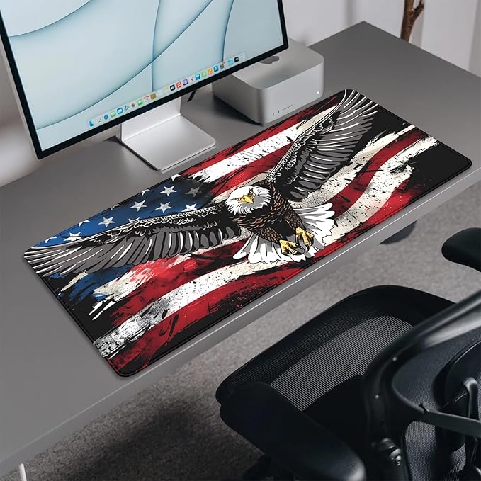 American Flag Mouse Pad,USA Bald Eagle Desk Pad,Large Extended Gaming Floral Mouse Mat with Stitched Edges,Non-Slip Rubber Base Mouspad for Office Work Home(27.5X11.8 in)