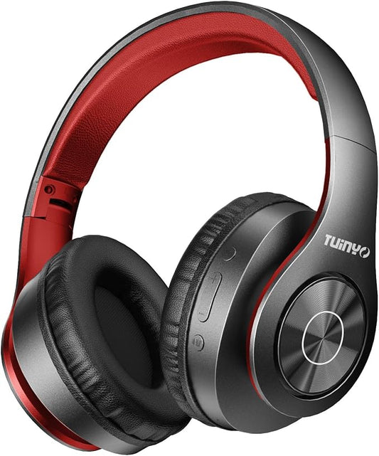 TUINYO Bluetooth Headphones, Over Ear Stereo Wireless Headset 40H Playtime with Deep Bass,Soft Memory-Protein Earmuffs,Built-in Mic Wired Mode PC/Cell Phones-Black red