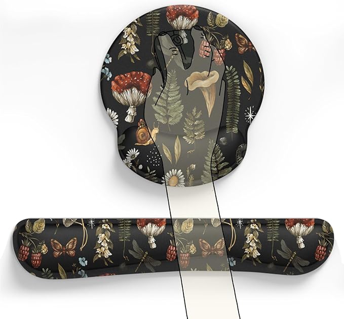 Plant Mushroom Mouse Pad Black Aesthetic Ergonomic Desk Pad Wrist Support Keyboard Wrist Rest Set, Mouse Pad with Non-Slip Pu for Office Comfortable Mouse Wrist Rest for Easy Typing & Pain Relief.