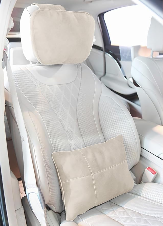 2PCS Car Pillow for Car Neck Pillow for Driving Seat Lumbar Support Soft Cushion with Extra Filling Accessories Back Support for Travel Nap and Trips Sleeping(Beige, Head and Lumbar)