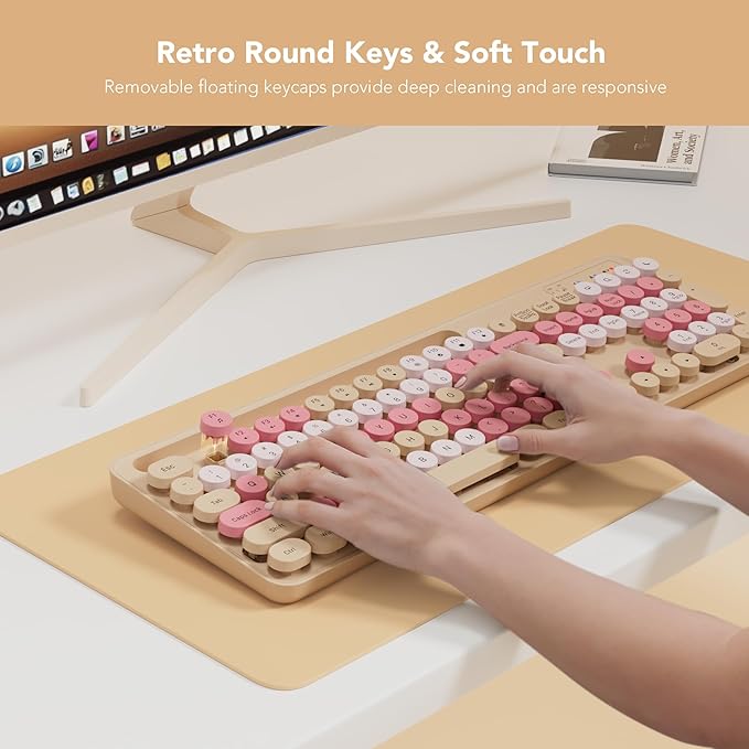 Wireless Keyboard and Mouse Combo, Retro Round Keycaps, Cute Full-Size Typewriter Keyboard with Phone Holder, Sleep Mode, Click Soft, 2.4GHz Cordless Connection for Windows/PC/Laptop (Latte-Colorful)