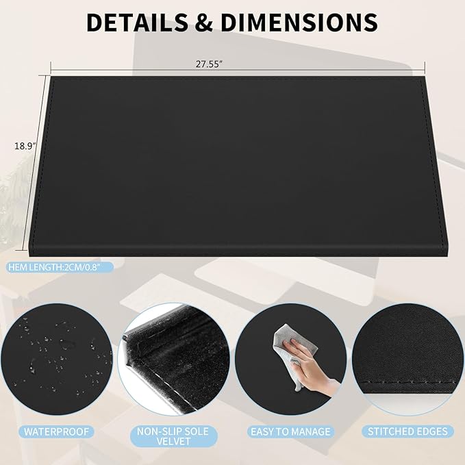 AKOZLIN 27.55”x 18.9" Soft PU Leather Surface Office Desk Mouse Mat Anti-Push Pad with Full Grip Fixation Lip Table Blotter Edge-Locked Protector