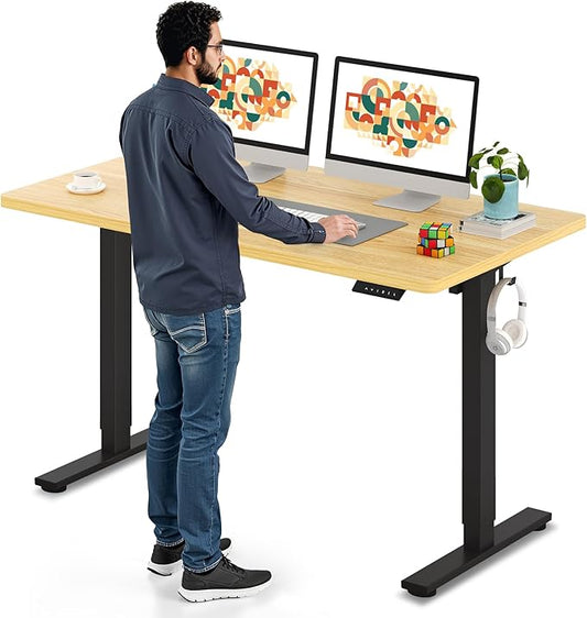 SANODESK Electric Standing Desk 55 x 28 Inches Whole-Piece Desktop Height Adjustable Stand Up Desk w/6-Button Controller Ergonomic Computer Desk for Home Office, Black Frame + Natural Tabletop