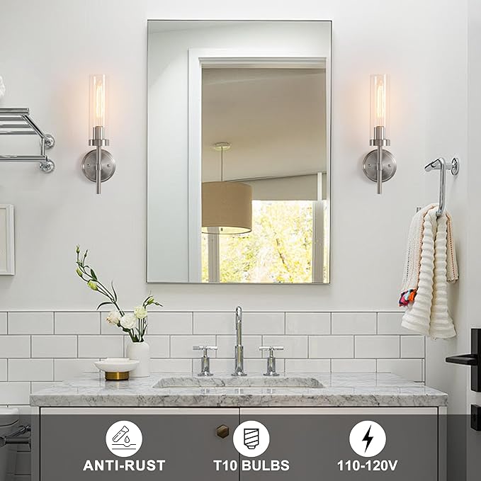 Wall Sconces Set of Two,Brushed Nickel Bathroom Sconces Wall Lighting with Clear Glass, Modern Sconces Wall Decor Set of 2 Wall Light fixtures for Bathroom Mirror Living Room Hallway Bedroom Wall Lamp