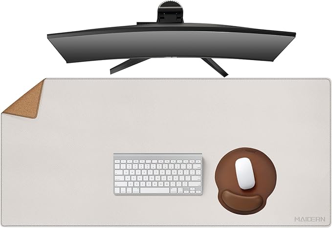 MAIDERN 43.3”x 19.6” Leather Desk Mat, Large Desk Pad, Cork & Leather Large Mouse pad for Desk, Waterproof Computer Desk Mat for Gaming Home Office (Cream)