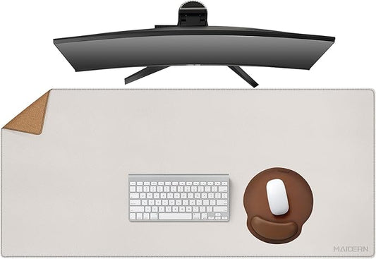 MAIDERN 43.3”x 19.6” Leather Desk Mat, Large Desk Pad, Cork & Leather Large Mouse pad for Desk, Waterproof Computer Desk Mat for Gaming Home Office (Cream)