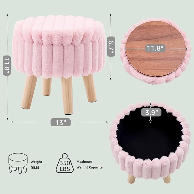Wimarsbon Storage Ottoman,Soft Faux Fur Footstool with Padded Seat, Small Reading Vanity Chair, Footrest with Wood Tray for Couch, Mini Coffee Table or Display Stand (Pink, Round Storage)