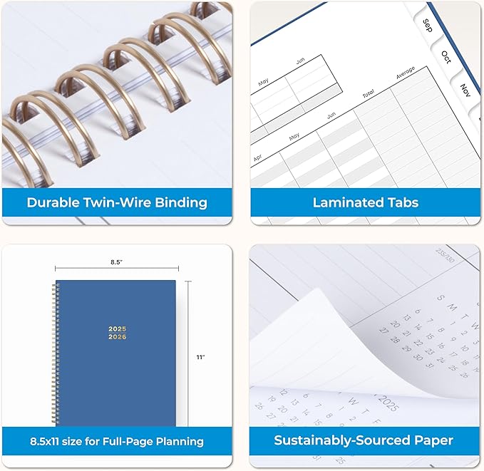 Blue Sky 2025-2026 Academic Year Weekly and Monthly Planner Calendar, August 2025 - December 2026, 17-Month, 8.5" x 11", Flexible Cover, Wirebound, Laminated Tabs, Azure