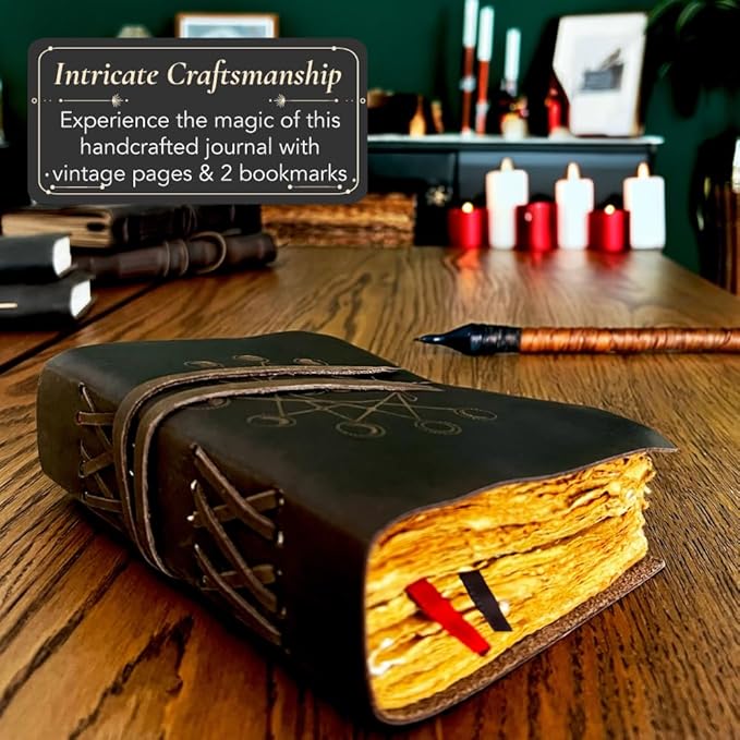 Vintage Leather Journal with Lush Vintage Deckle Paper (5x7 in, Blank) - Spell Book of Shadows - Grimoire Journal - Fantasy Medieval Gifts - Sketchbook - Antique Scrapbook