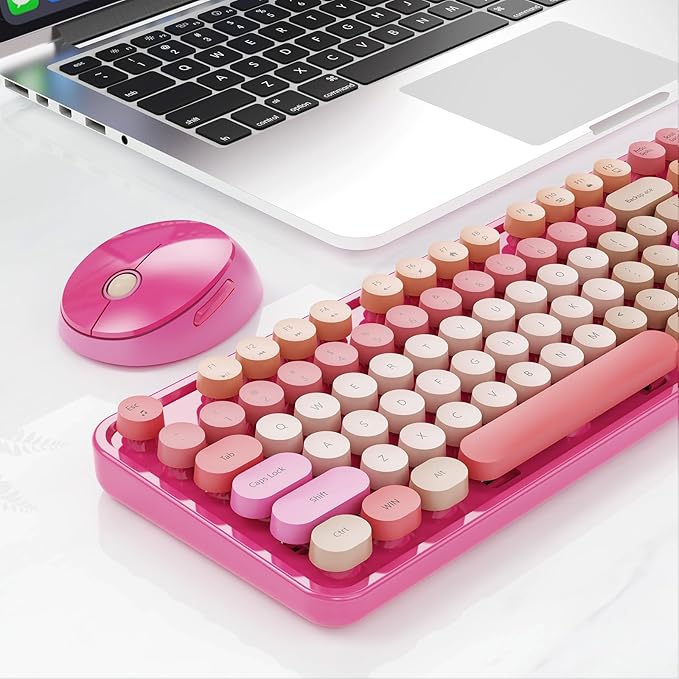 Wireless Keyboard and Mouse Combo, Retro Typewriter Keyboard with Round Keycaps, Full-Size Ergonomic, Red, Ideal for Windows PC, Home, Office, and College, Wireless Keyboard Mouse Combo