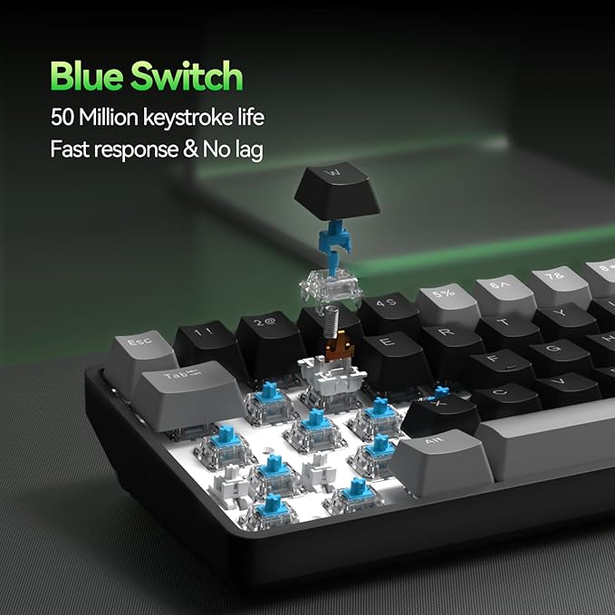 TMKB T68 60% Wireless Mechanical Gaming Keyboard, Tri-Mode BT5.0/2.4GHz/USB-C with Clicky Blue Switch, RGB Backlight, Anti-Ghosting, Compact 68 Keys, Wired/Wireless, Gray/Black