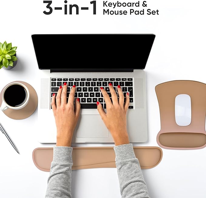 RICHEN Mouse Pad and Keyboard Wrist Rest, 3-in-1 Computer Mousepad and Coaster Set, Non-Slip Keyboard Wrist Rest and Mouse Pad Set Ergonomic Design (Gradient Brown)