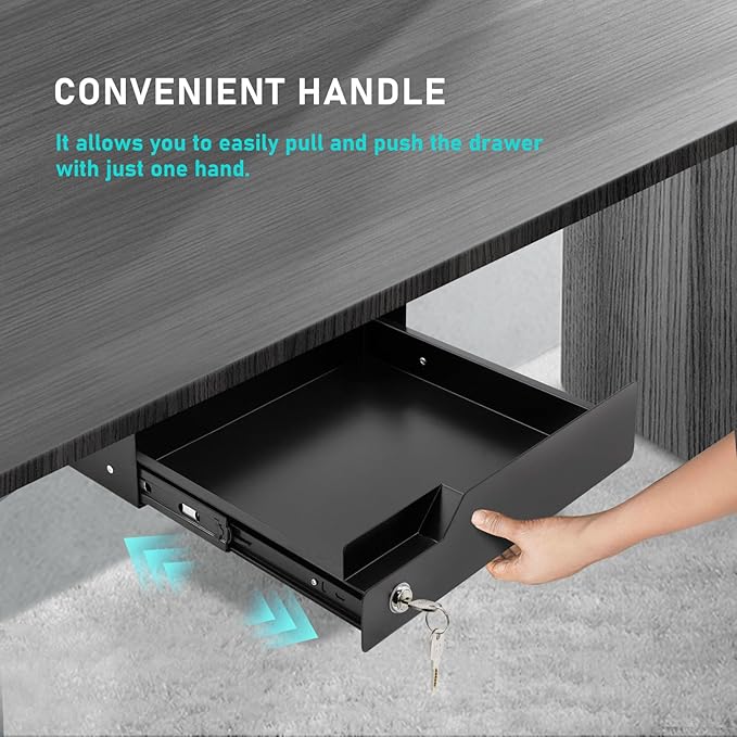 Under Desk Drawer with Lock, 16" W x 11.8" D x 6.3" H Slide Out Mounted Pull-Out Add On Drawer Lockable Storage Black
