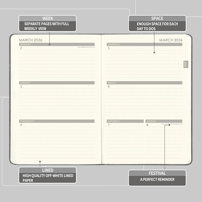 Planner 2026 - Weekly & Monthly 2026 Planner with Pen Loop, Jan 2026 - Dec 2026, to Achieve Your Goals & Improve Productivity, Thick Paper, 40 Note Pages, Inner Pocket, 5.75" x 8.25" - Grey