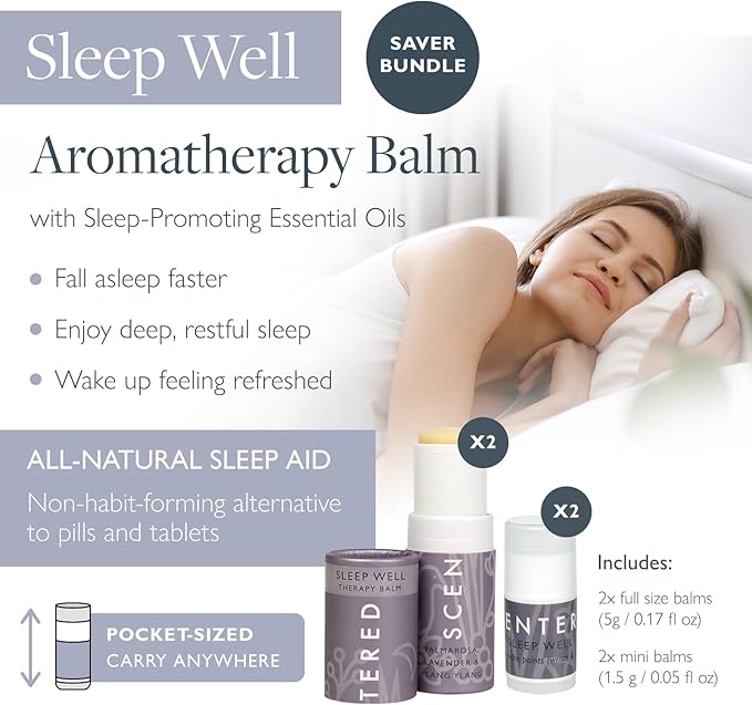 Scentered Sleep Well Aromatherapy Essential Oils Balm Saver Bundle - 2 x 5g Balms & 2 x Mini Travel Balms - for Restful Sleep - Natural Blend of Lavender, Chamomile, Ylang Ylang