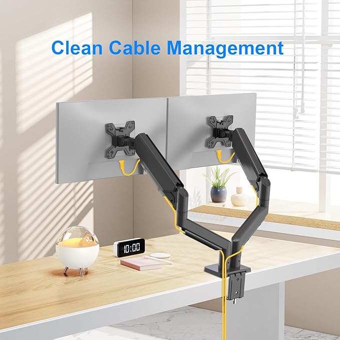 Dual Monitor Stand for 13 to 32 inch Screens, Gas Spring Monitor Arm with Swivel, Tilt, Rotation, Height Adjustable, Desk Mount with C-Clamp and Grommet Base, Each Arm Holds 4.4 to 19.8lbs Screen