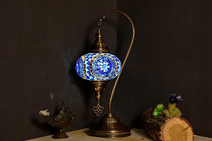 mozaist Turkish Mosaic Swan Neck Table Lamp, Moroccan Boho Style Sea Blue Gooseneck Rustic Home Décor, Tiffany Bohemian Bedside Farmhouse Desk Light with E12 Socket & US Plug (Evil Eye Blue)