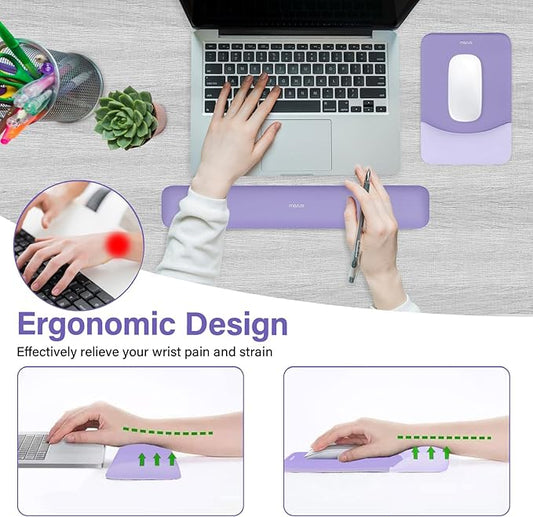 MOSISO Wrist Rest Support for Mouse Pad&Keyboard Set, Rectangular Ergonomic Mousepad Non-Slip Base Home/Office Pain Relief&Easy Typing Pad with Neoprene Cloth&Raised Curved Memory Foam, Purple