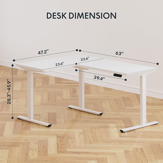 SANODESK L Shaped Electric Standing Desk with Drawer, 63 Inch Ergonomic Adjustable Height Desk with Storage, Corner Desk Sit Stand up Computer Table for Work Office Home, White