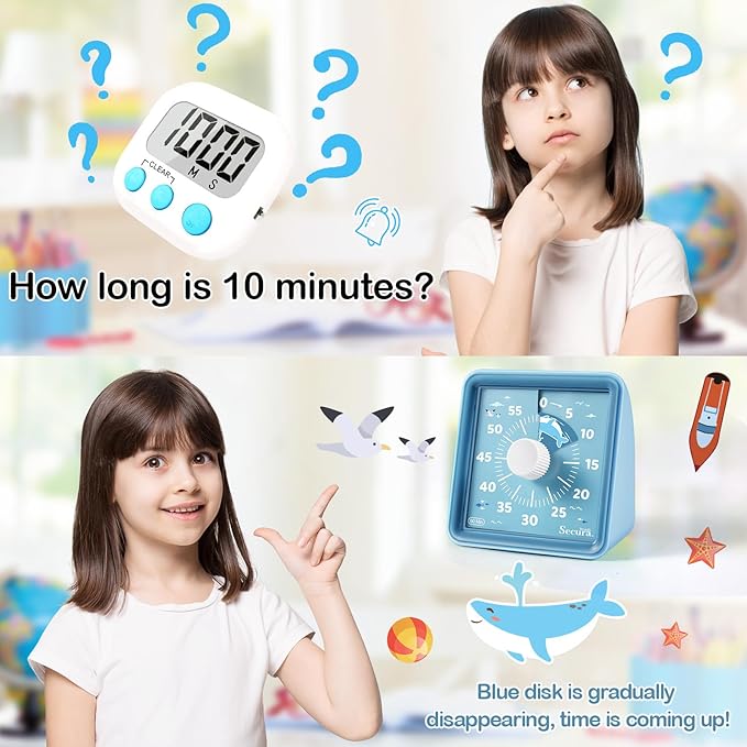 Secura 60-Minute Visual Countdown Timer for Kids & Classroom, Pomodoro Time Management Tool (Blue & Blue)