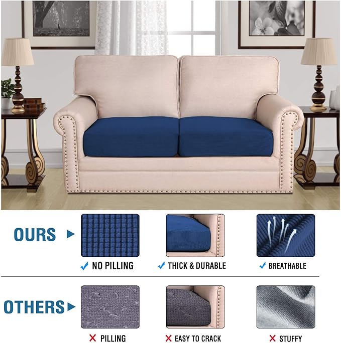 H.VERSAILTEX Super Stretch Individual Seat Sofa Covers Slipcover Sets Thick Jacquard Textured Twill Fabric (2 Piece Medium Sofa Cushion Covers, Navy)