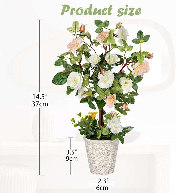 Hollyone Artificial Plants & Flowers in Vase White Camellia Roses Faux Flower Plant Arrangement with Pot Fake Rose Flowers Home Decor Office Bathroom Shelf Desk Table Decoration