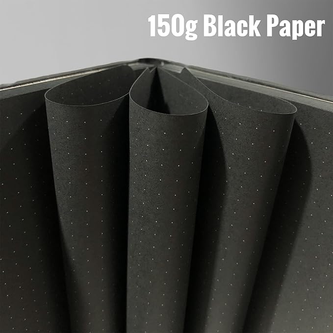 BUKE Dotted Journal - 150gsm Black Paper - 5 * 5mm DOT GRID Layout 160 Pages - A5 Size PU Leather Hardcover Drawing Sketch Notebook (Black)