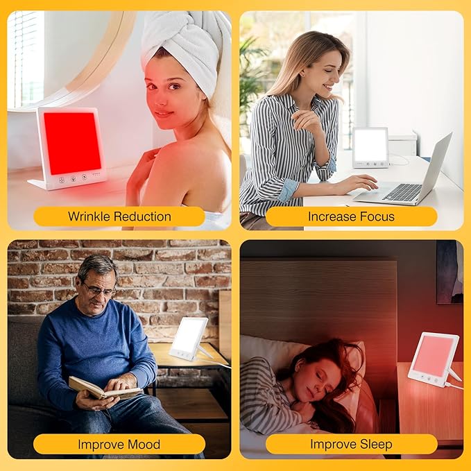Light Therapy Lamp with Red & White Light - 10,000 Lux LED Sun Light Therapy Lamp for Face, Energy, Sleep & Skin Care, 4 Adjustable Modes & 5 Brightness Levels, Timer Function, UV-Free with Power Bank