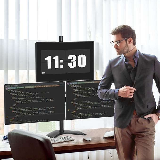 WALI Triple Monitor Stand, Free Standing Three Monitor Desk Mount Fully Adjustable, Fits 3 Screens up to 27 inch, 22 lbs Weight Capacity per Arm (MF003S), Black