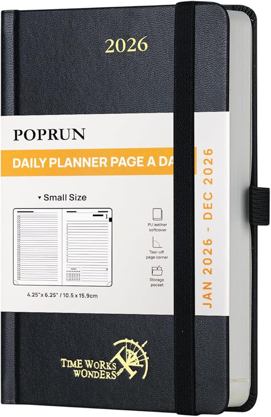 POPRUN 2026 Daily Planner One Page Per Day A6 Size Calendar (4.25" x 6.25") - 12 Months Hourly Appointment Book with Hardcover, Monthly Tabs, Pocket, Pen Holder - Black