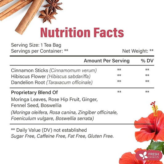 FreshDrinkUS, Premium Collagen Herbal Tea – 30 Tea Bags | Cinnamon Stick, Hibiscus, Dandelion Root, Moringa Leaves, Rose Hip, Ginger, Fennel Seed, Boswellia | Caffeine-Free, Natural Flavorful Blend