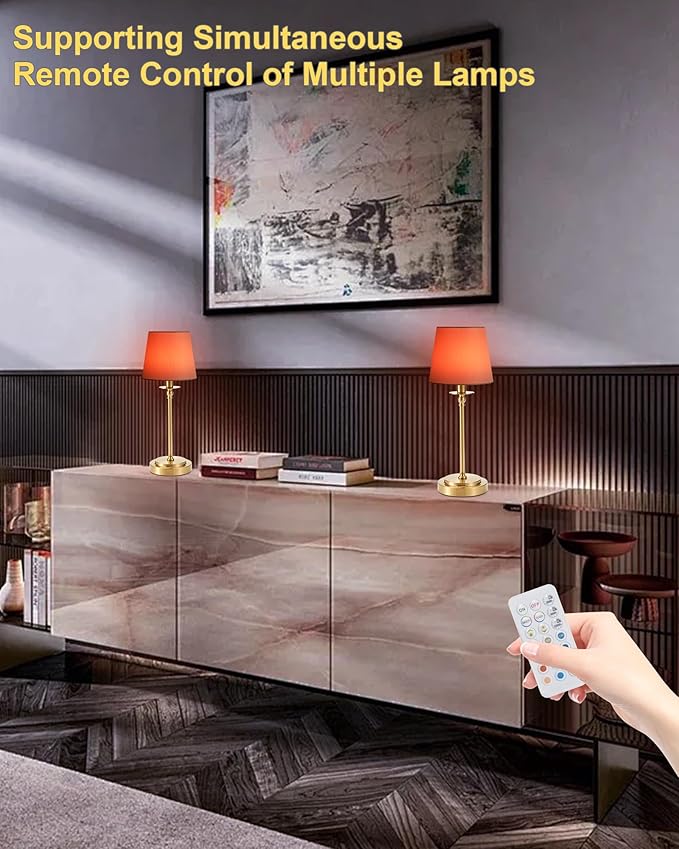 Egobasic Cordless Rechargeable Table Lamp with Remote, Small Portable Battery Operated Lamp with Timer, 12 RGB Lighting Dim, Restaurant Dining Bed Side Table Night Lights, Fabric Shade, Antique Brass