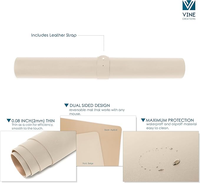Vine Creations Leather Desk Mat Large 44" x 22", Desk Protector Mat, PU Leather Desk Pad, Large Mouse Pad Desk Blotter, Desk Pads on Top of Desks, Desk Matt for desktop Office Desk Mat (Beige/Apricot)