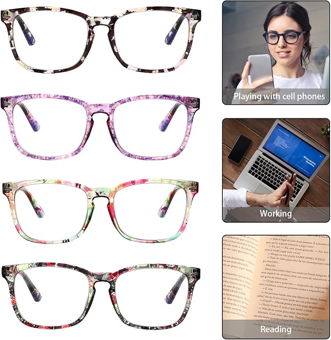 Henotin 4-Pack Blue Light Blocking Reading Glasses Women Men,Spring Hinge Computer Readers,Anti UV Ray Square Nerd Eyeglasses (Ladies Readers with Pattern Print, 1.5, Diopters)