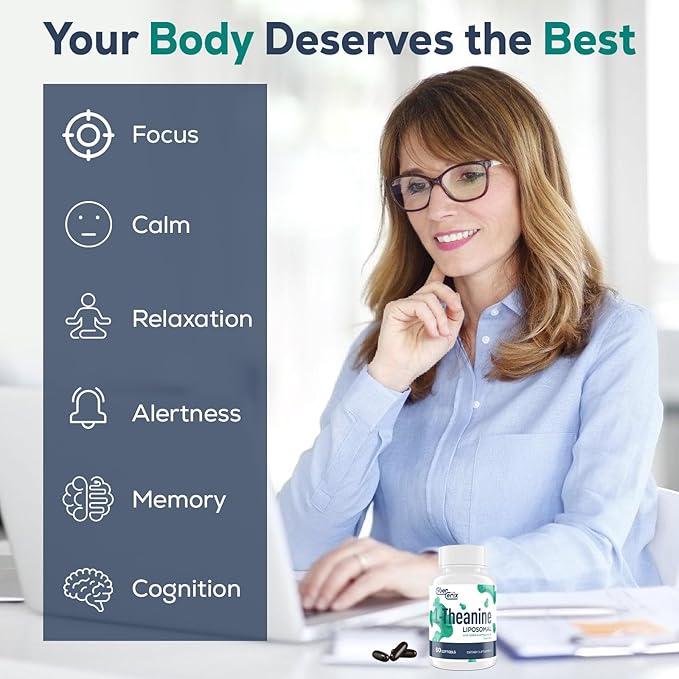 Liposomal L-Theanine 500mg, Complex with GABA 200mg & Magnesium 100mg, Extra Strength Supplement for Calm, Relaxation & Focus, Gluten Free - 60 Capsules